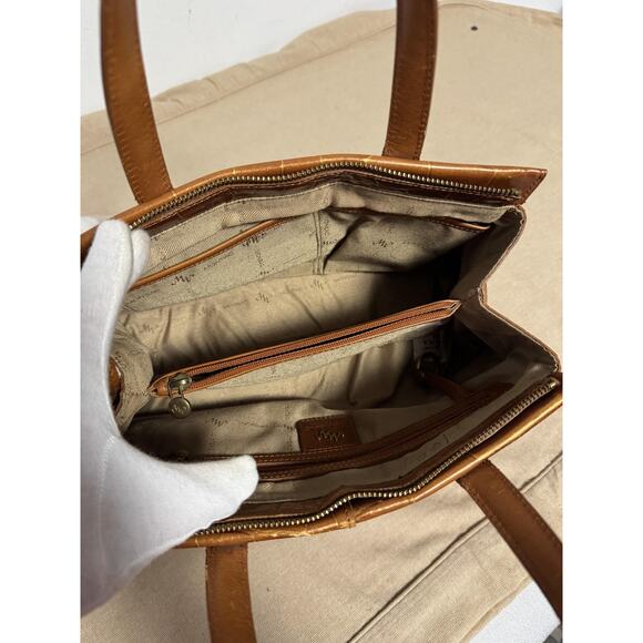 Monsac Satchel Bag Womens Brown Croc Embossed Leather Top Handle Purse Tote Zip - Picture 3 of 12